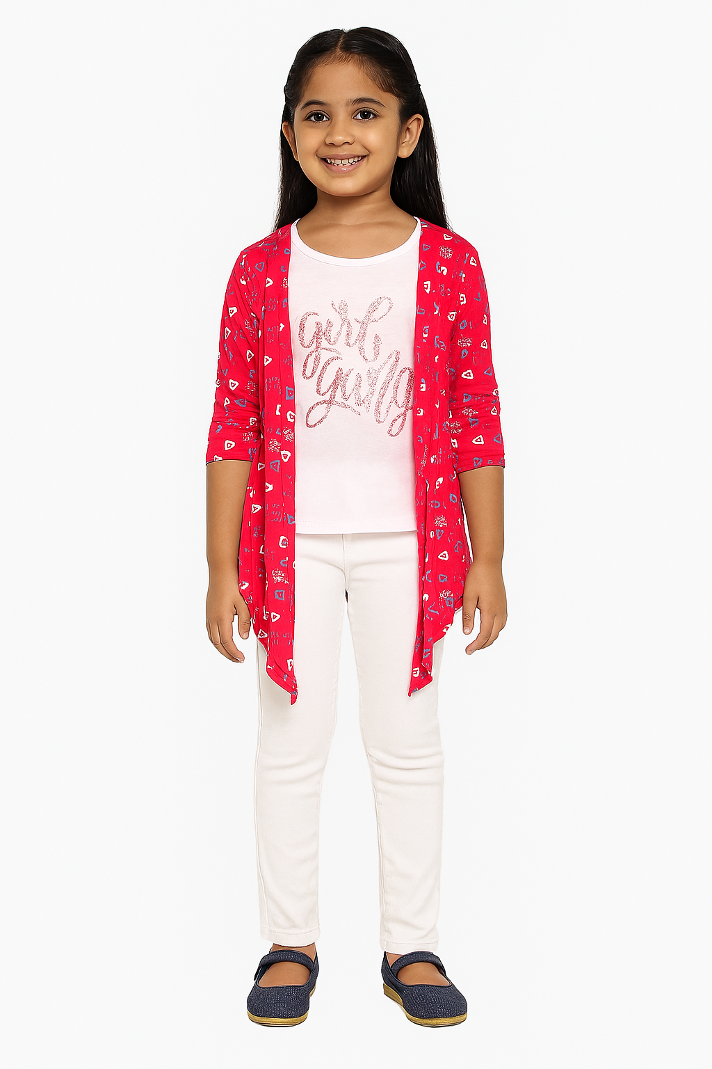 Girls Red Heart Print Shrug with “Girl Gang” Inner Top – Casual - Inayah Fashion