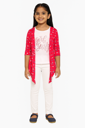 Girls Red Heart Print Shrug with “Girl Gang” Inner Top – Casual - Inayah Fashion