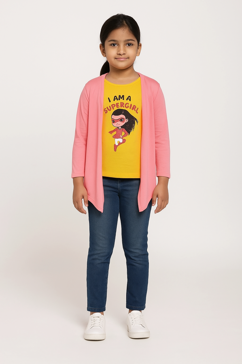 Supergirl Cartoon Print Yellow Top with Stylish Pink Shrug Girls' Outfit - Inayah Fashion