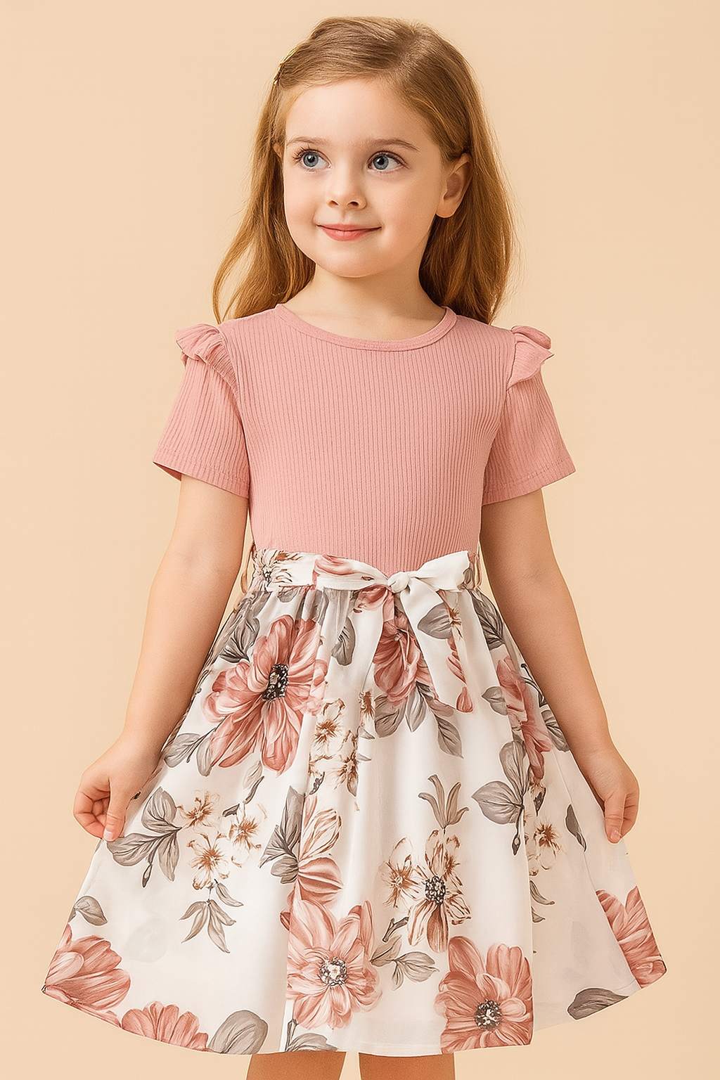 Peach & White Floral Printed Party Dress for Girls - Inayah Fashion