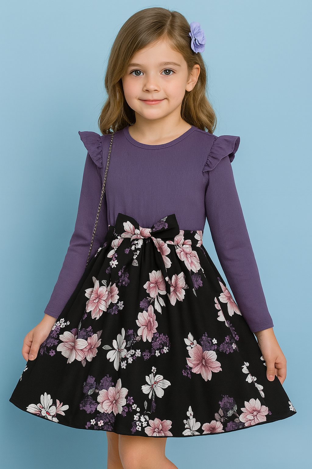 Girls Purple & Black Floral Print Dress – Long Sleeve Casual & Party Outfit - Inayah Fashion