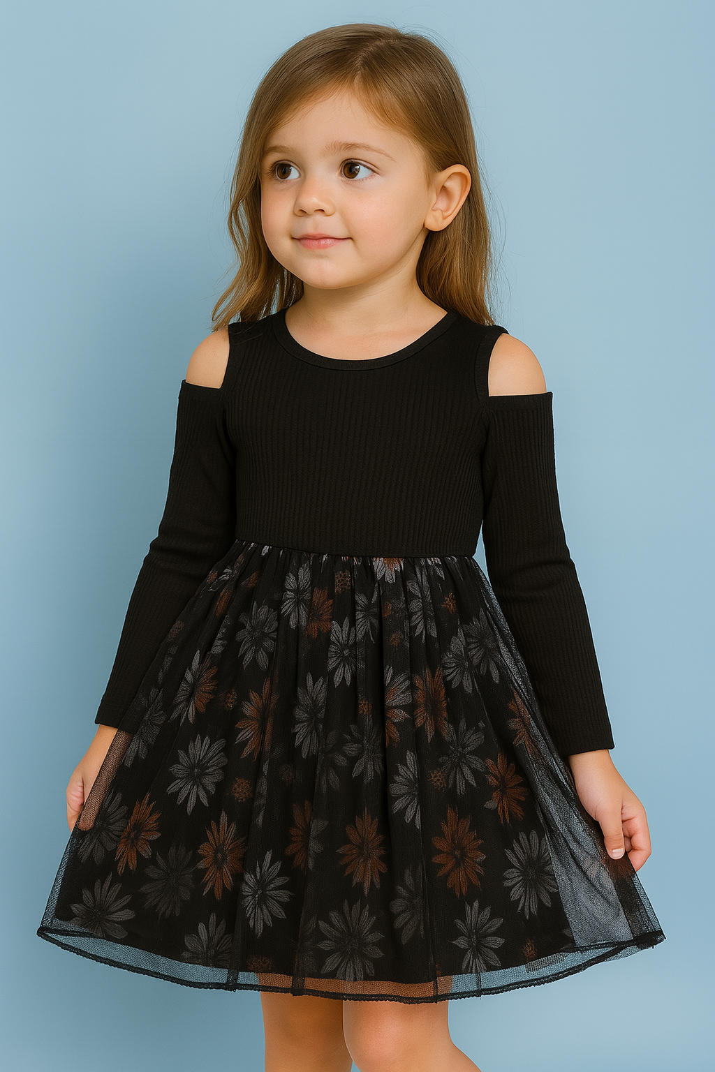 Stylish Black Cold-Shoulder Dress for Girls – Ribbed Bodice with Long Sleeves and Floral Net Skirt – Trendy Partywear - Inayah Fashion