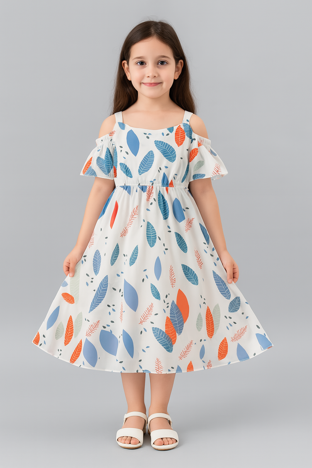 Tropical Leaf Print Cold Shoulder Summer Dress for Girls – Lightweight Sleeveless Casual Frock - Inayah Fashion