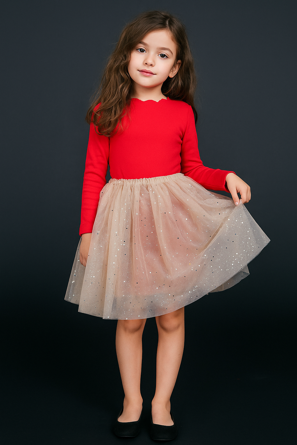 Stylish Red Top & Beige Glitter Tulle Skirt Party Dress for Girls - Inayah Fashion