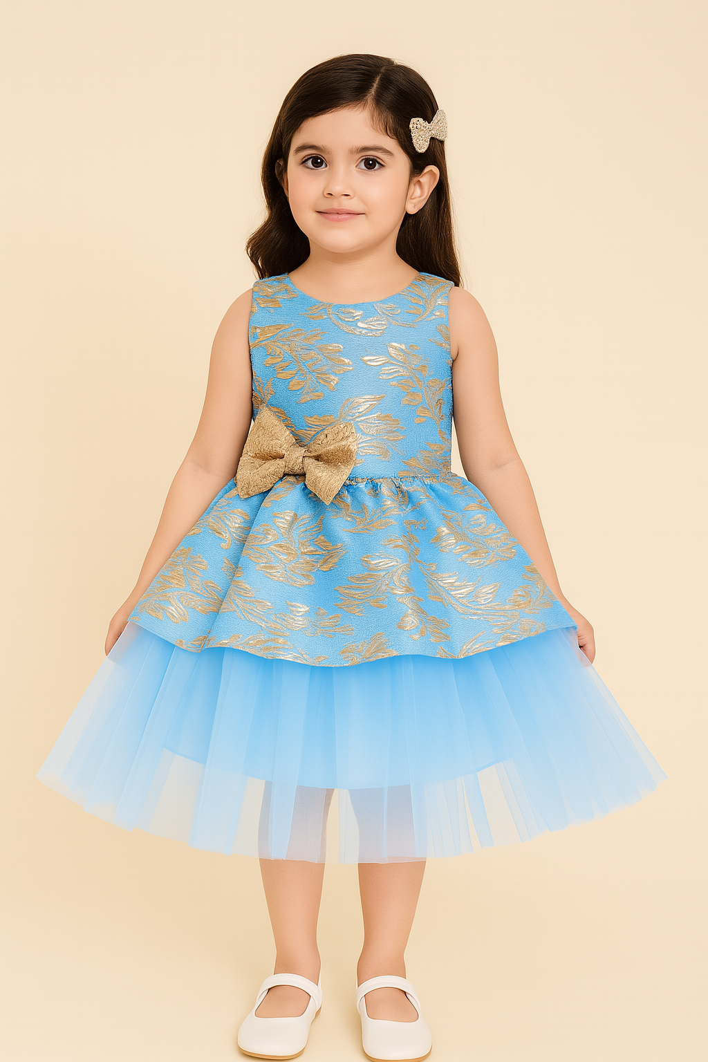 Blue and gold layered party frock for baby girls with gold detailing