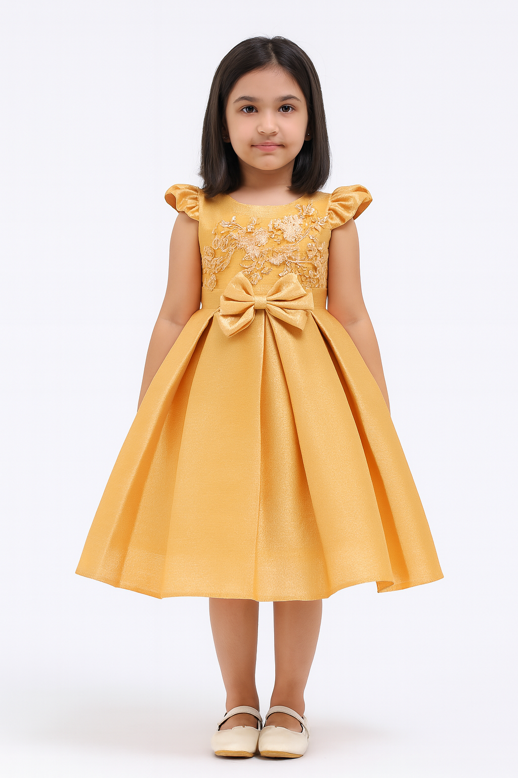 Golden Embroidered Party Frock with Bow for Girls - Inayah Fashion