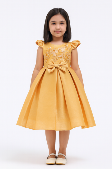 Golden Embroidered Party Frock with Bow for Girls - Inayah Fashion