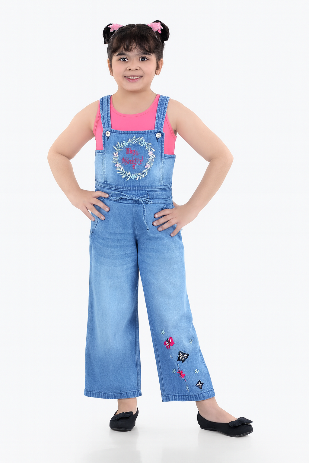 Girls' Denim Dungaree Jumpsuit with Butterfly Embroidery – Wide-Leg Sleeveless Overall - Inayah Fashion