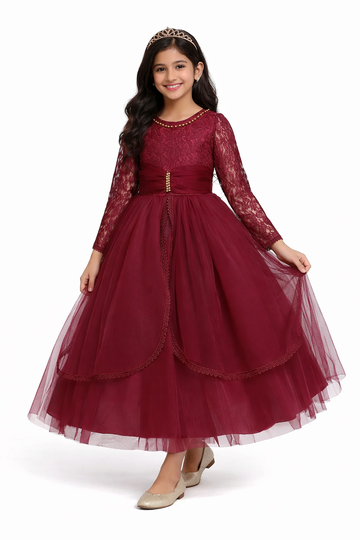 Wine Lace & Tulle Party Gown for Girls