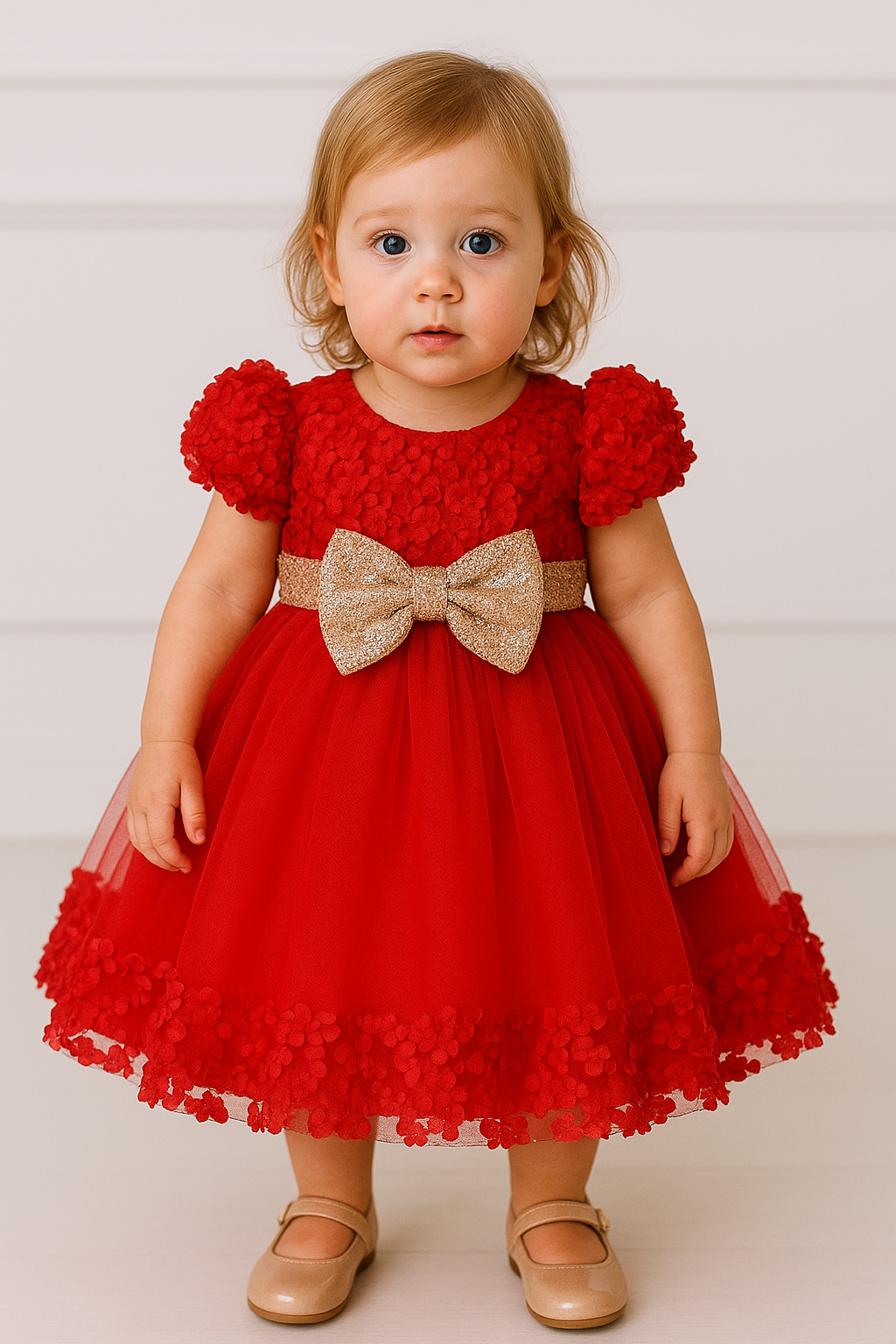 Bright Red Floral Baby Girl Frock with Sequin Bow – Party Wear - Inayah Fashion