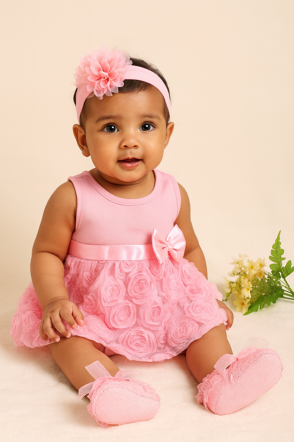 Baby Girl Pink Rosette Party Dress Set with Headband & Booties - Inayah Fashion