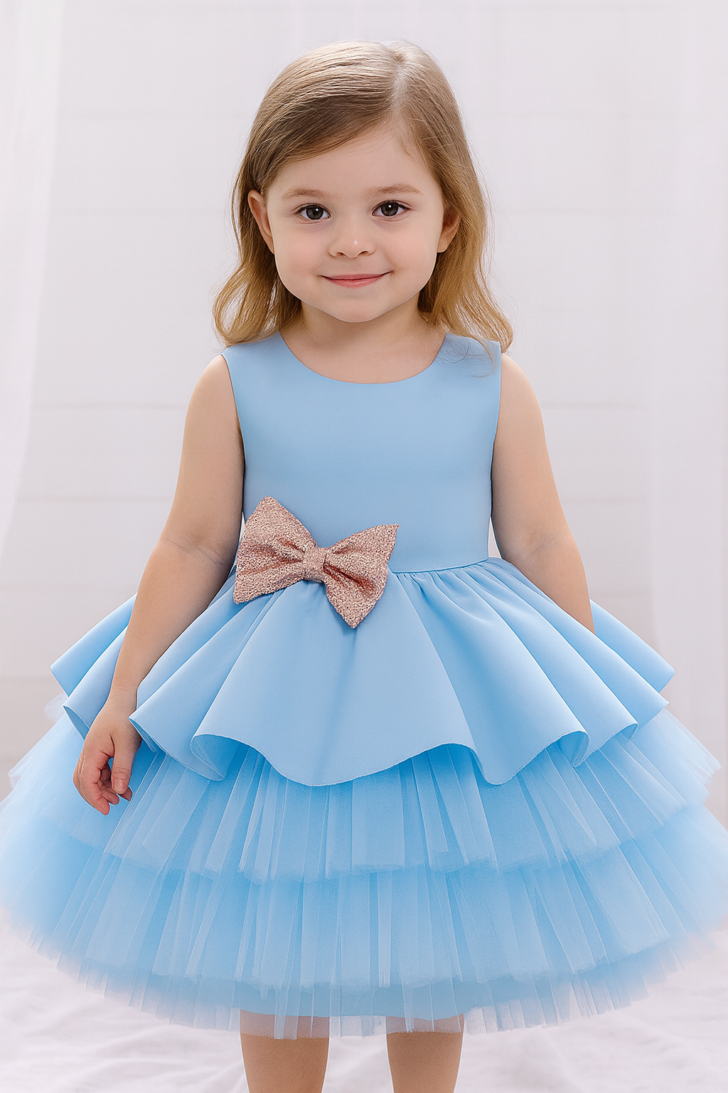 Acqua Blue Solid Applique Floral Sleeveless Bow Party Dress - Inayah Fashion