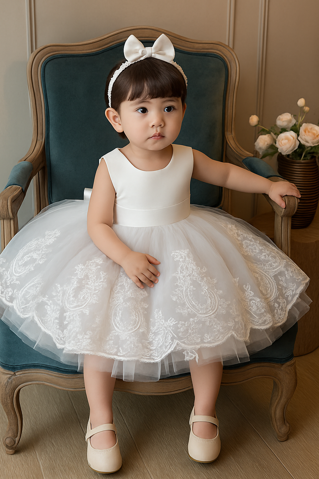 Princess baptism and christening lace tulle dress for baby girls