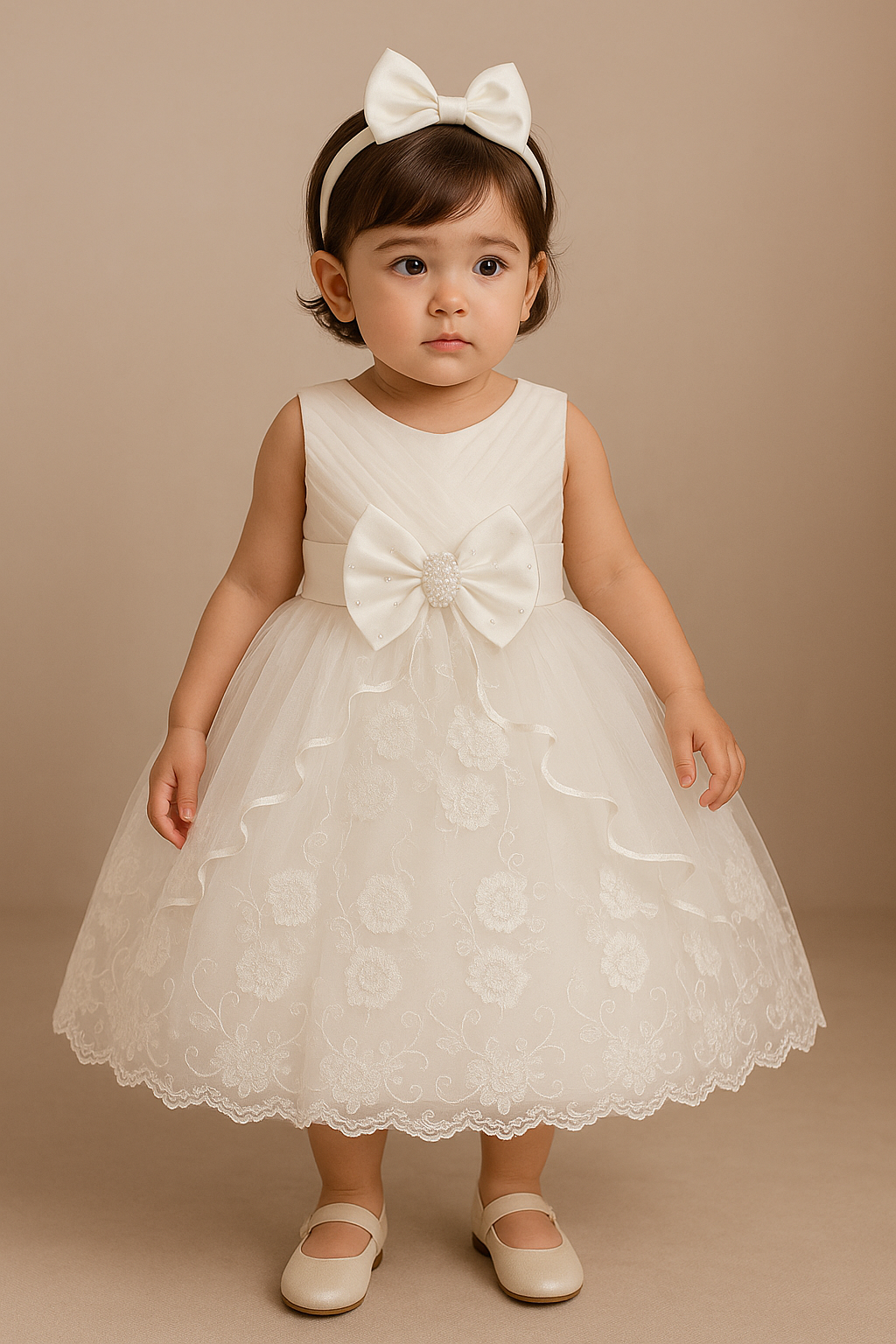 White baby girl party gown with pearl bow and floral lace
