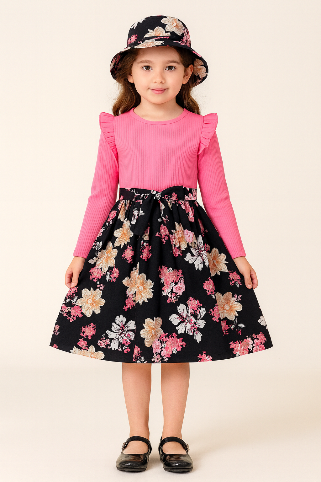 Pink & Black Floral Print Dress for Girls with Long Sleeves - Inayah Fashion