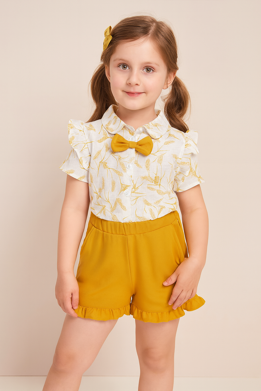 White top with golden wheat print and mustard bow, paired with mustard shorts for girls