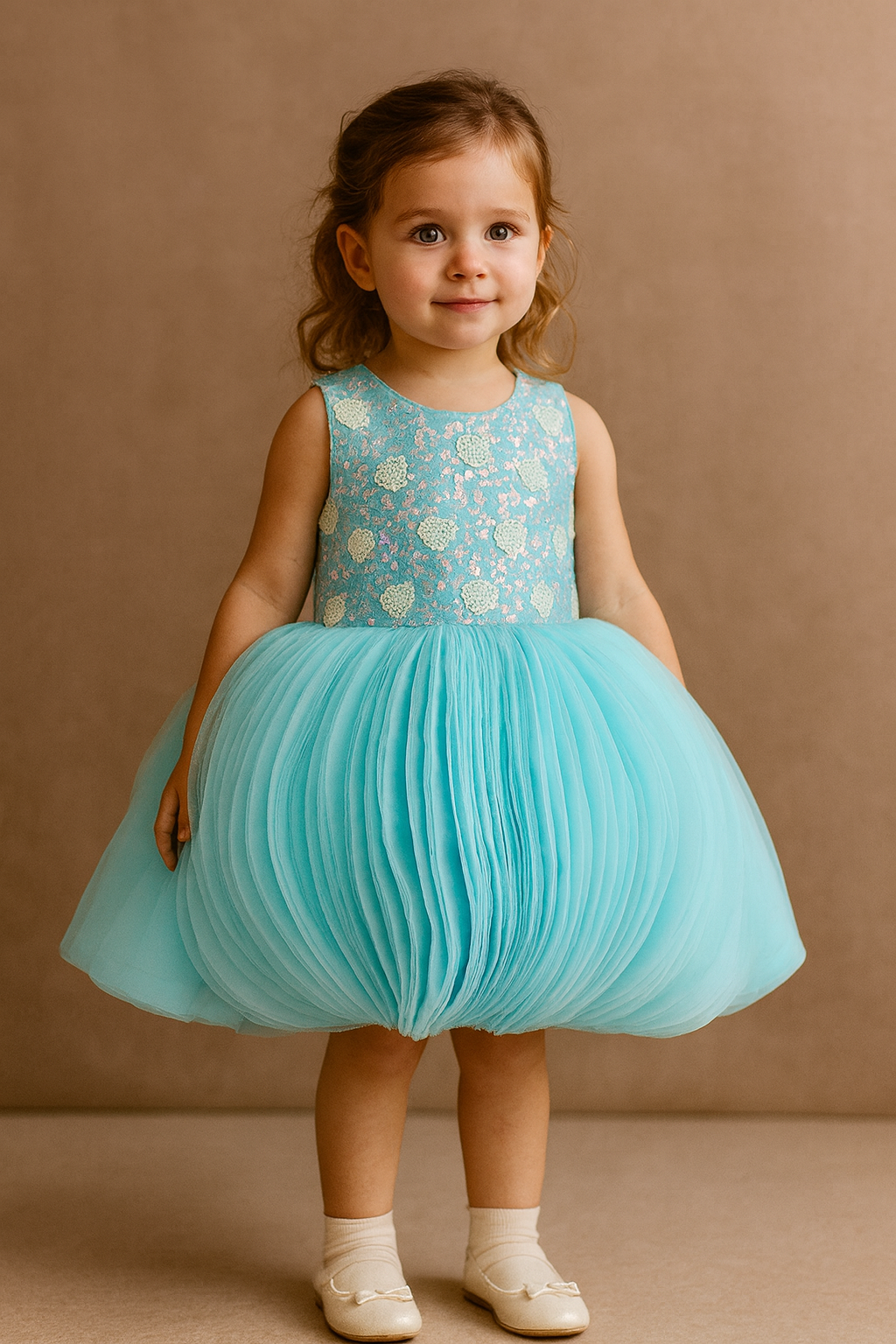 Aqua Dream Bubble Skirt Dress with Sequin Hearts - Inayah Fashion