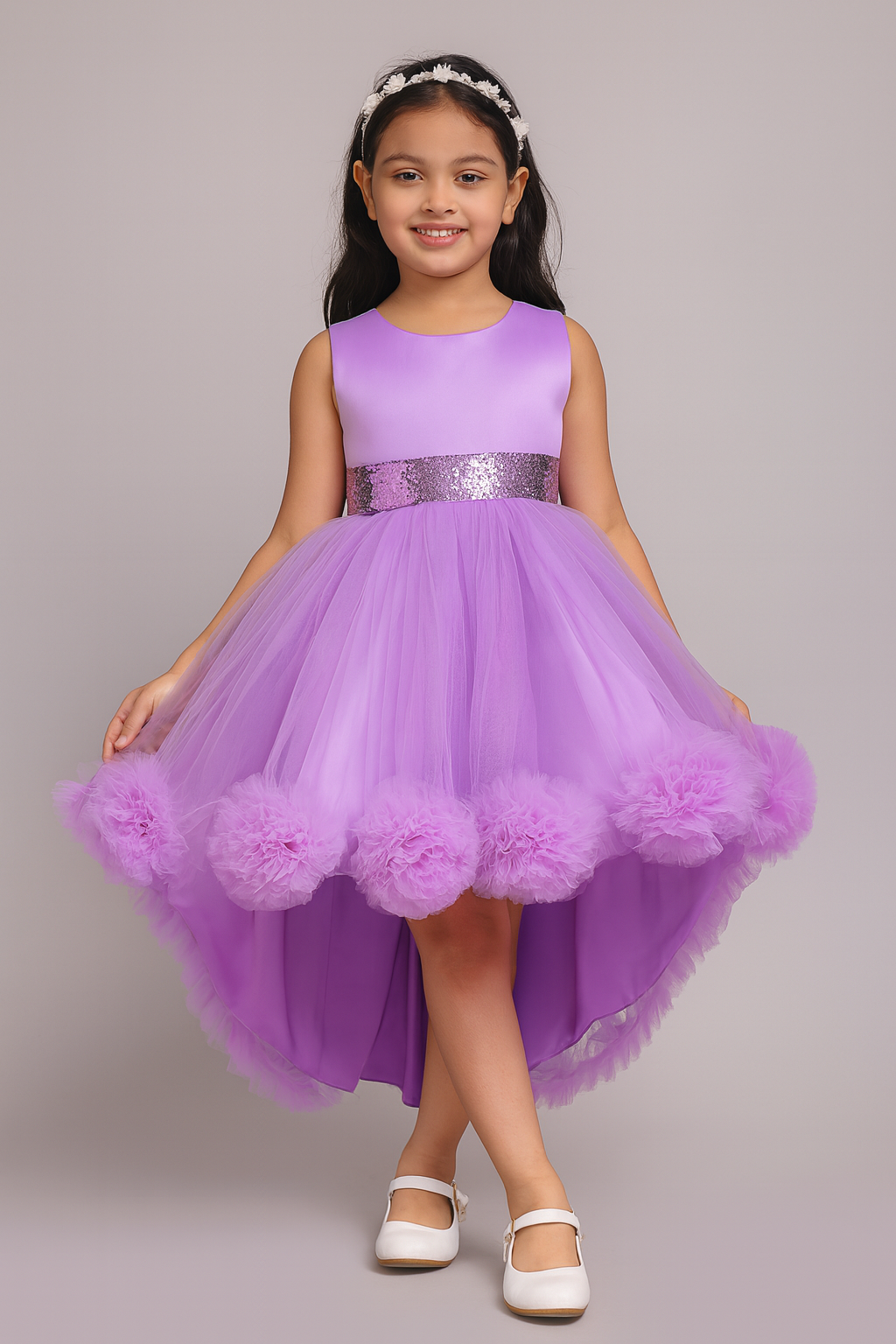 Lilac puff tulle party frock for girls with sequin waist and pom-pom hemline