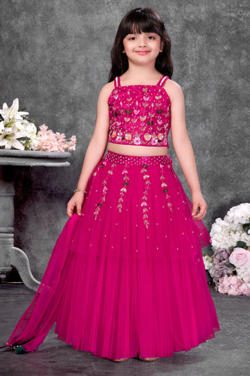 Fuchsia Bloom Embroidered Lehenga Set for Girls with Tulle Skirt-Festive dress for girls