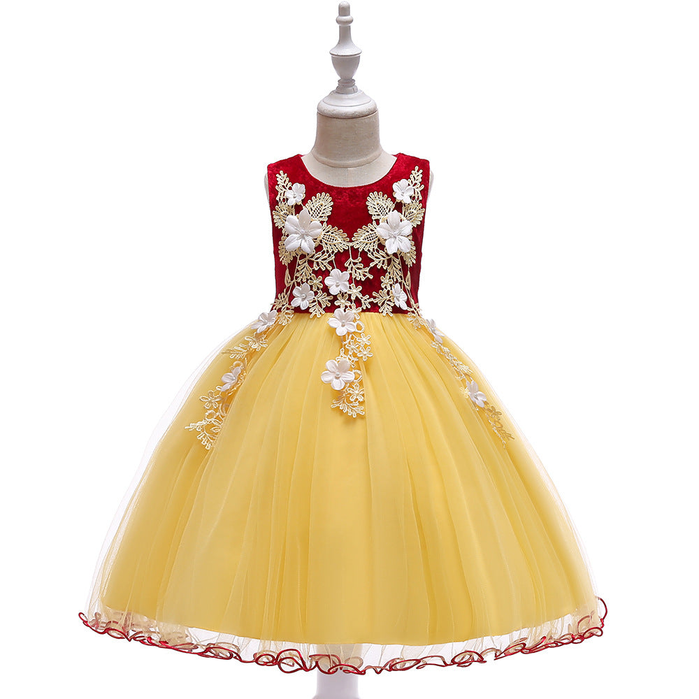 Charming Red and Yellow Party Gown for Girls with 3D Floral Applique and Net Flare - Inayah Fashion