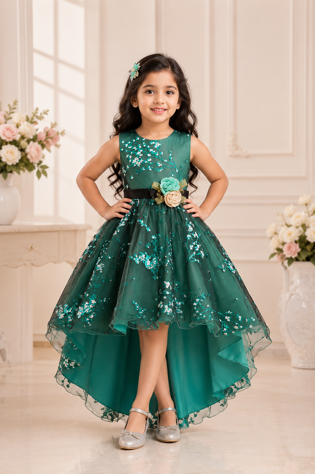 Emerald high-low party gown for girls with floral applique and satin belt