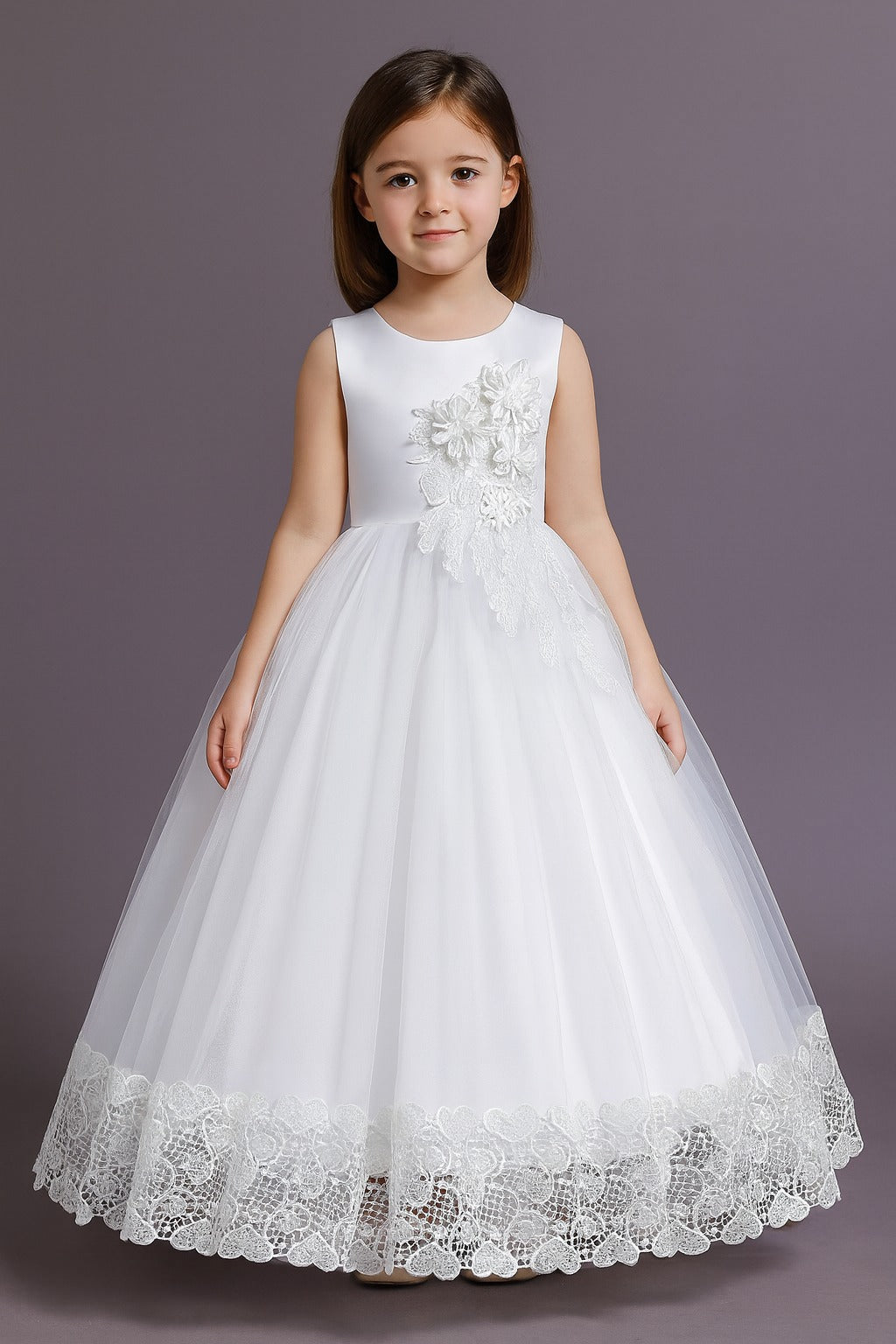 Royal White Princess Gown with Floral Appliqué and Scalloped Lace Hem - Inayah Fashion