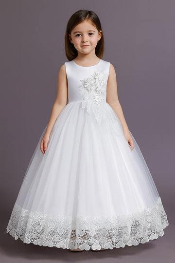 White princess party gown for girls with floral applique and scalloped lace hem