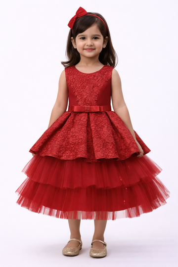 Red layered net and lace party frock for girls
