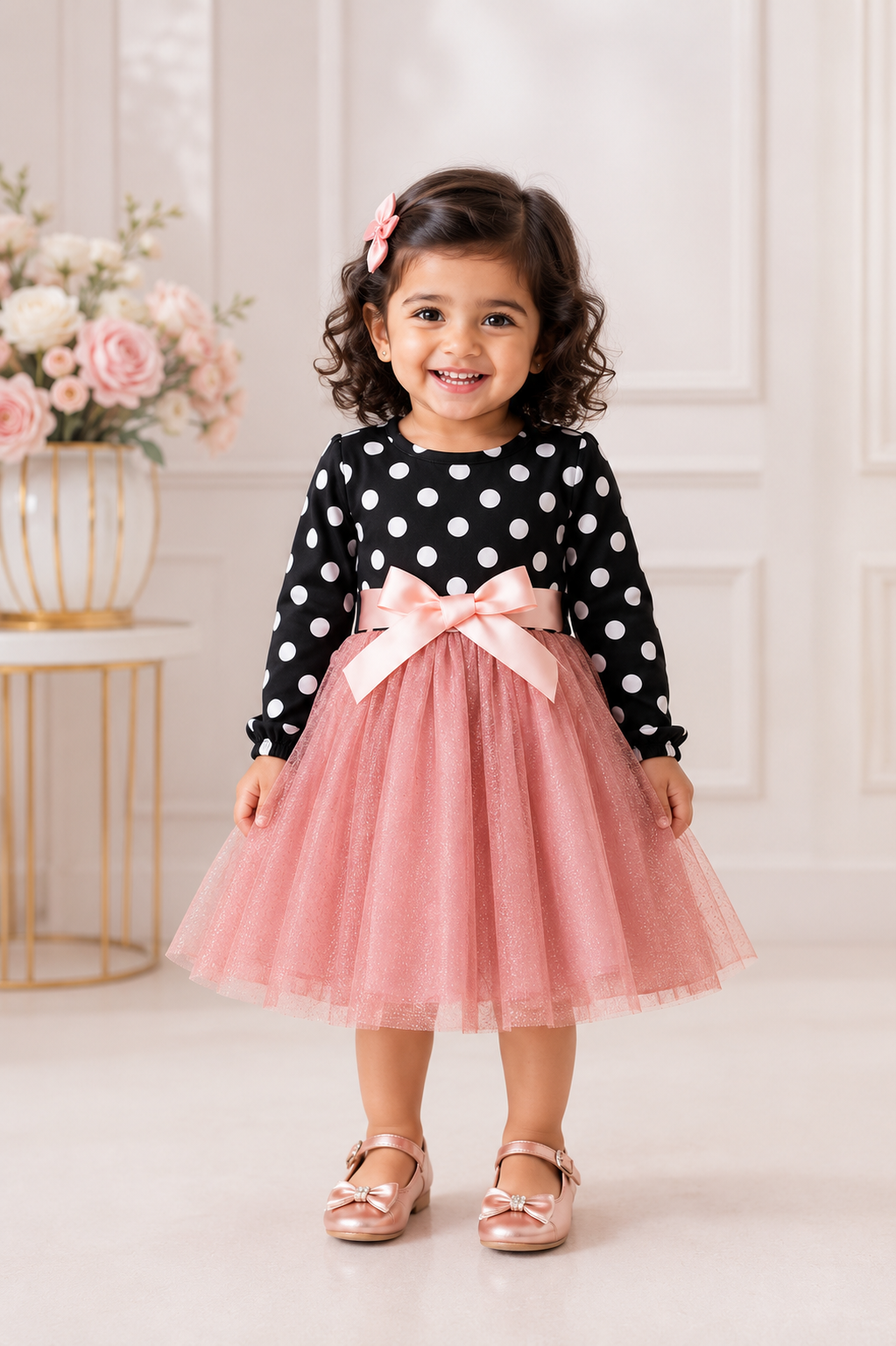 Polka dot and blush tulle party dress for girls