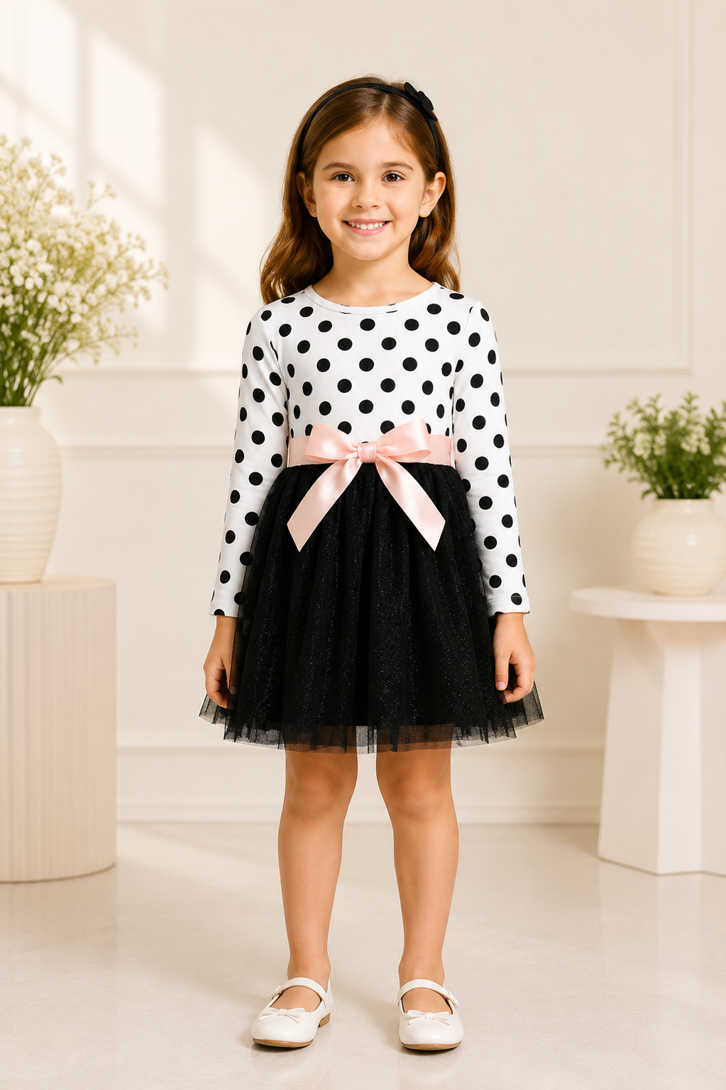 Black and white polka dot full-sleeve party dress for girls with bow
