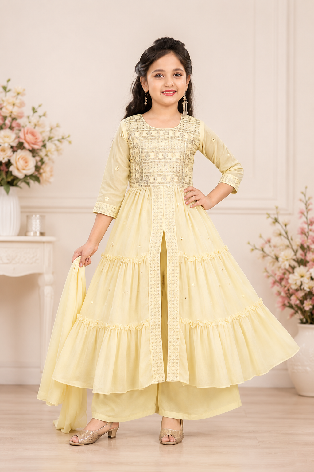 Light yellow embroidered Anarkali set with dupatta for girls