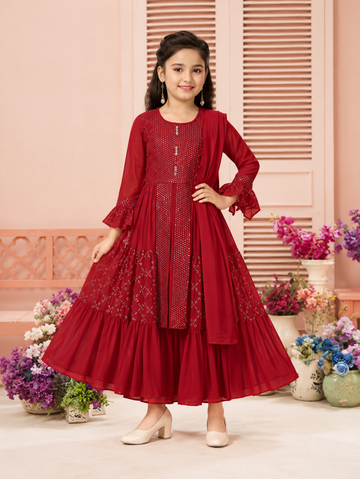 Elegant Maroon Embroidered Anarkali Gown with Dupatta for Girls – Festive Collection
