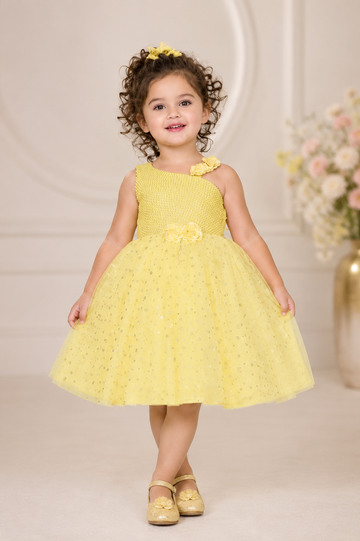 Sunshine Yellow One-Shoulder Party Dress for Girls