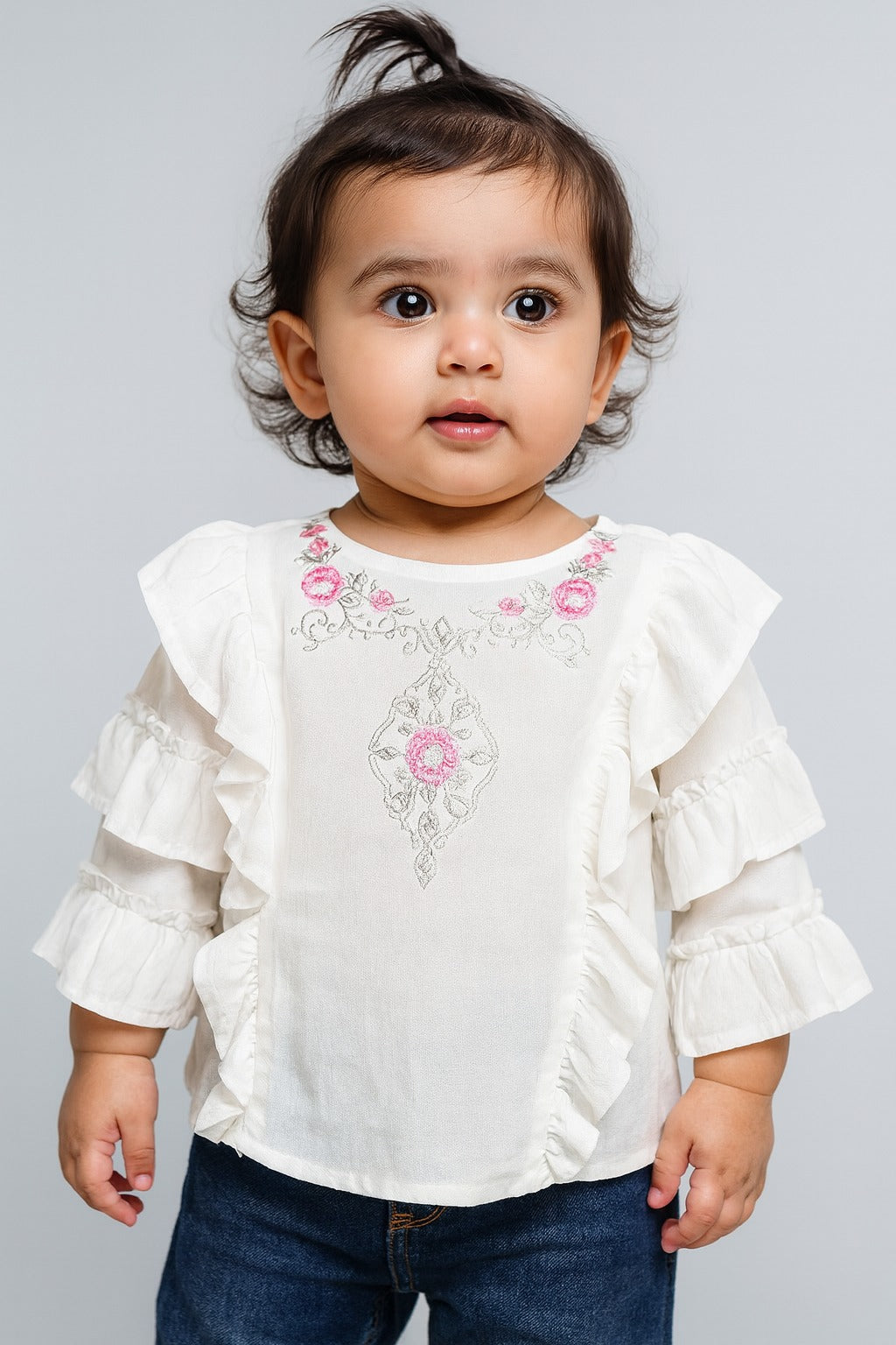 Girls White Ruffle Sleeve Top with Embroidery – Casual & Festive Wear - Inayah Fashion