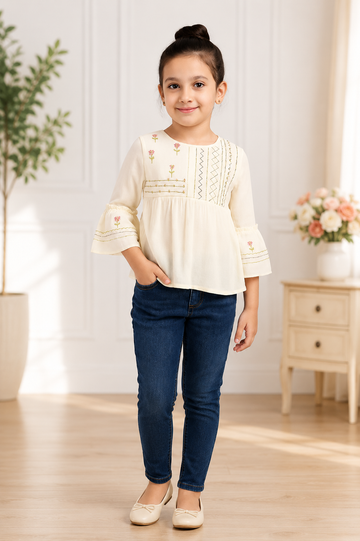 Cream Embroidered Peplum Top for Girls – Casual Ethnic Look