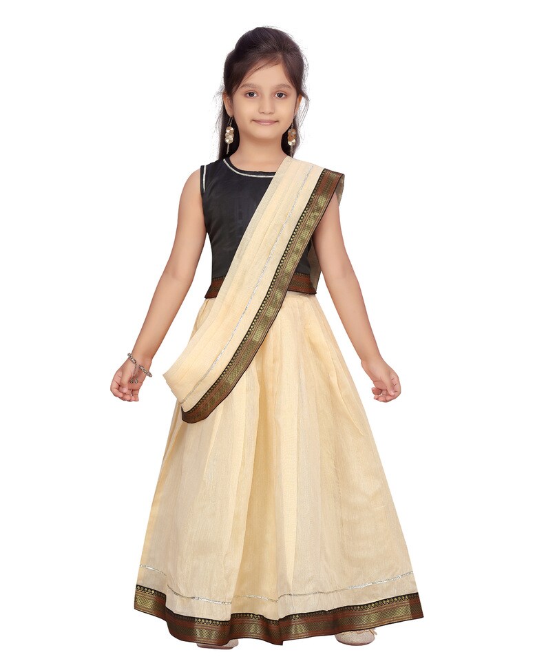Traditional Kerala Style Pattu Pavadai Set for Girls – Ivory & Black - Inayah Fashion