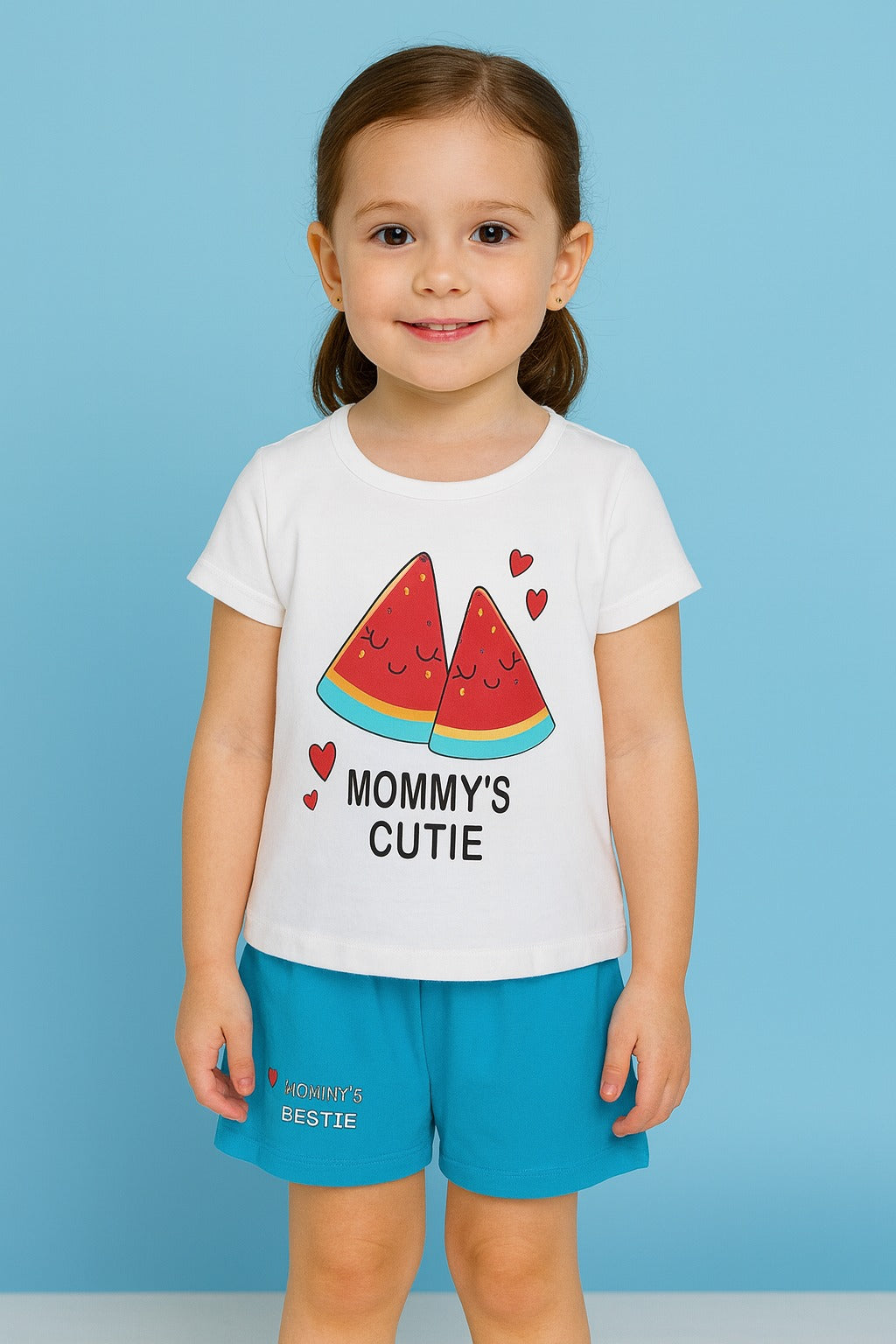 Kids printed t-shirt and shorts set with playful slogan