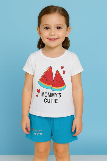 Kids printed t-shirt and shorts set with playful slogan