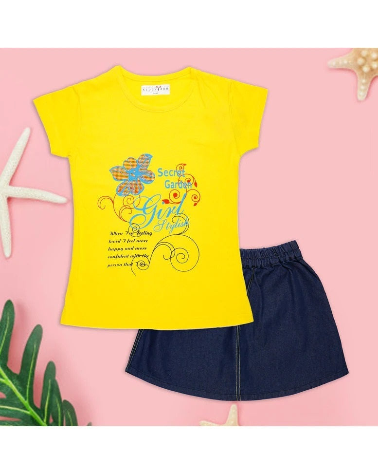 Girls yellow printed top with navy denim skirt set