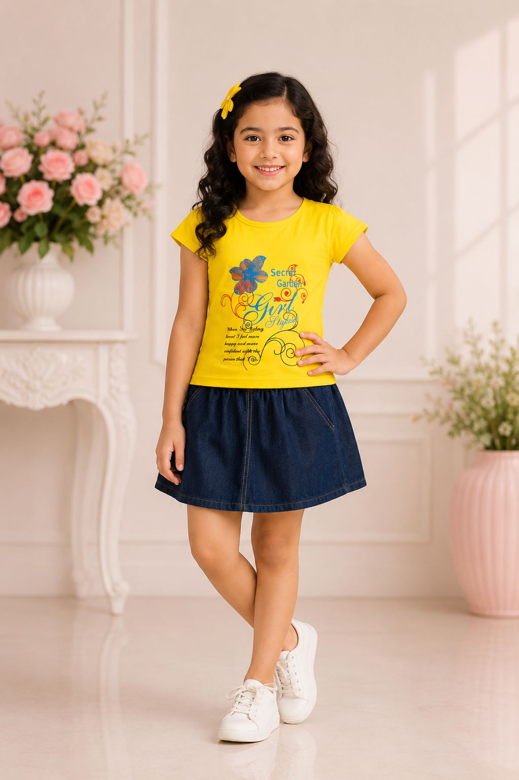 Girls yellow printed top with navy denim skirt casual outfit