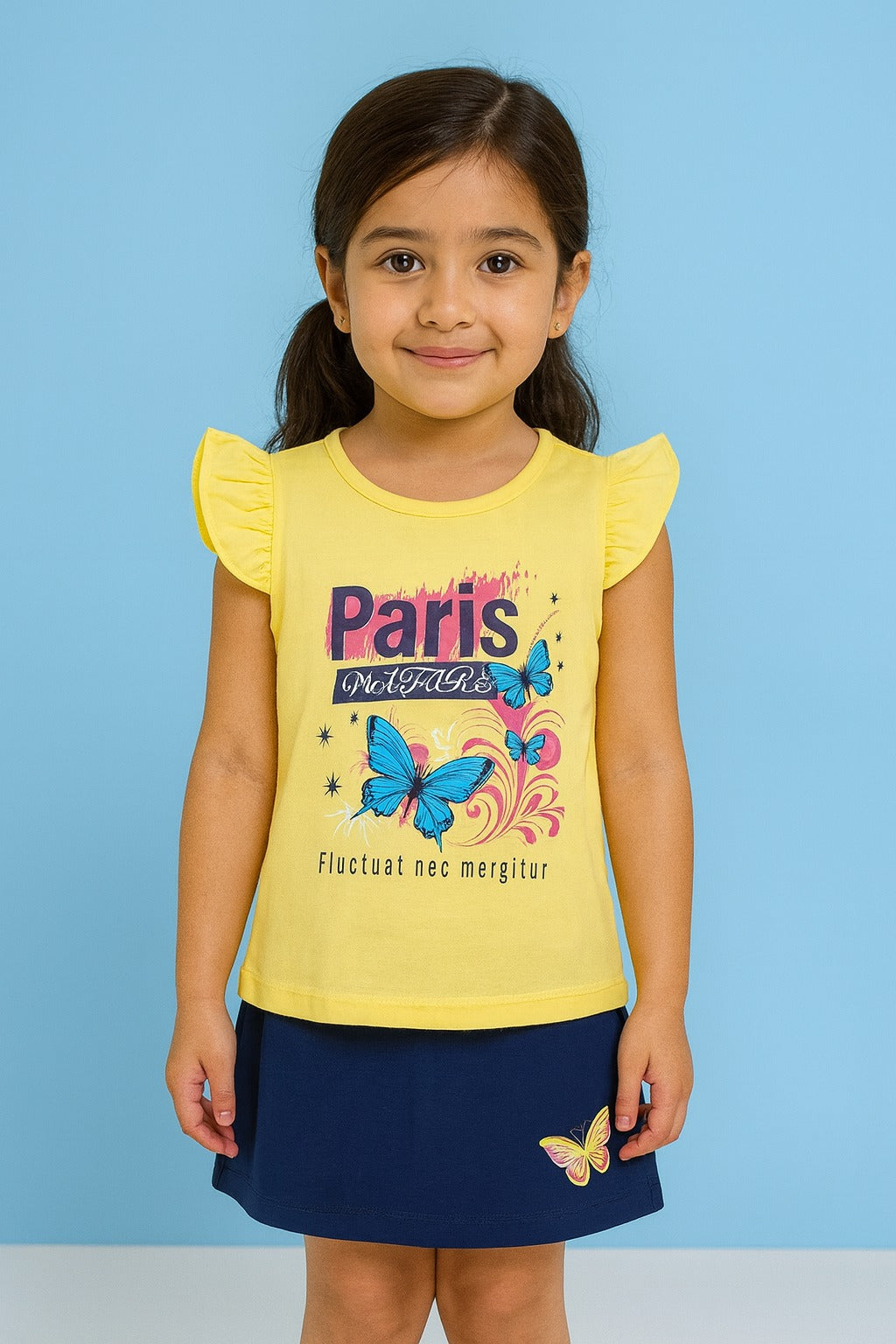 Yellow Paris butterfly print top with navy skirt set for girls