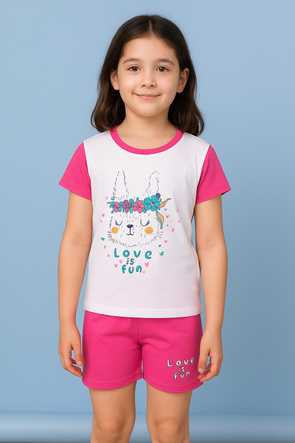 Girls' Pink Bunny Print Cotton Night Suit Set - Inayah Fashion