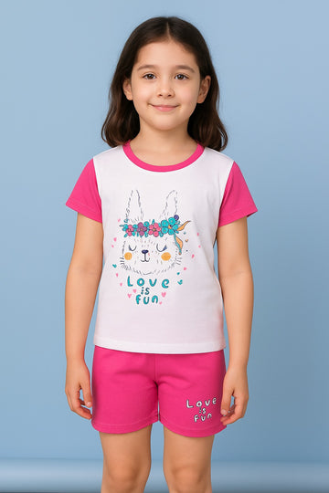 Girls pink bunny print cotton night suit set