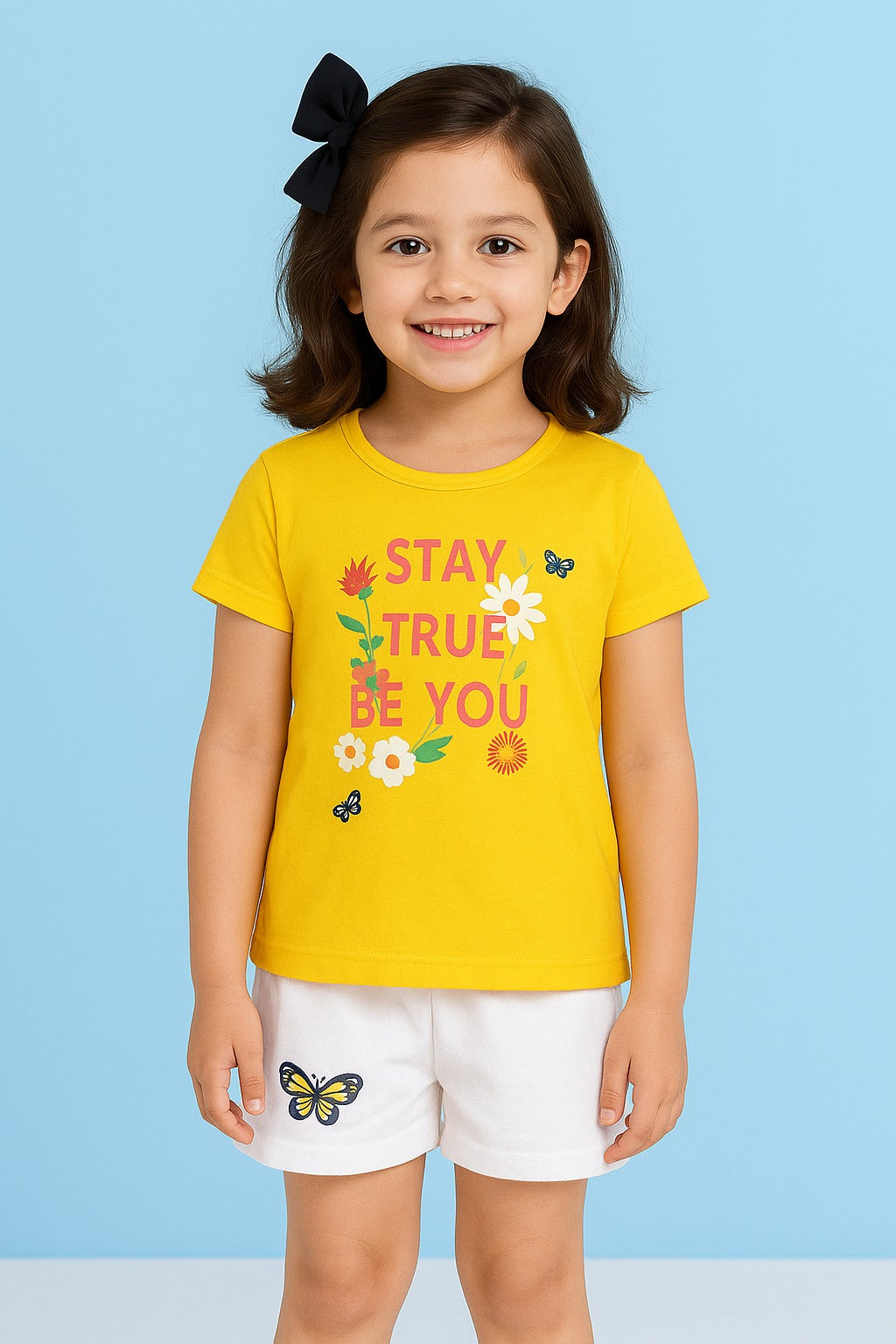 Yellow t-shirt with 'Stay True Be You' print and white butterfly shorts for girls