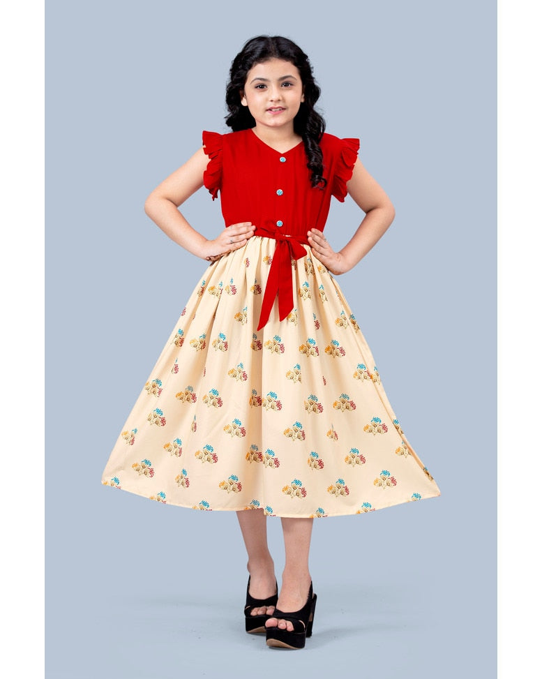 Red & Cream Floral A-Line Midi Dress for Girls – Stylish Summer Wear - Inayah Fashion