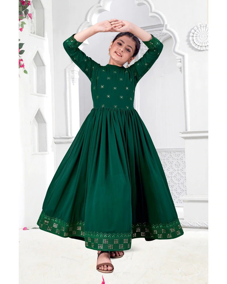 Elegant Emerald Green Anarkali Style Gown with Mirror Embroidery - Inayah Fashion