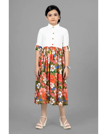 Girls' Half-Button White Shirt Dress with Floral Skirt - Inayah Fashion