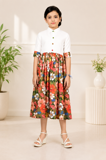 Girls' Half-Button White Shirt Dress with Floral Skirt