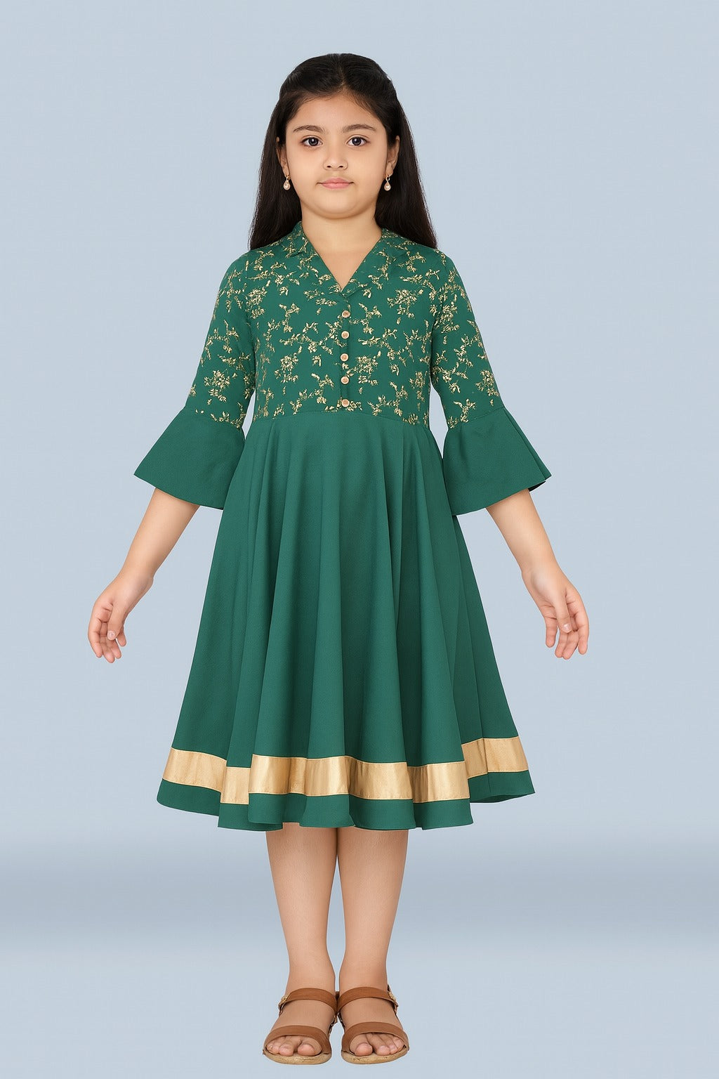 Green flared ethnic dress for girls with gold embroidery and border