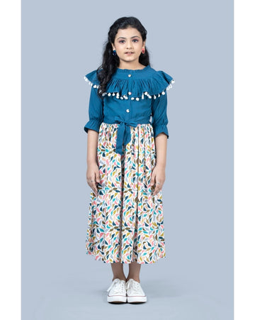 Girls Teal Blue & Multicolor Printed Dress with Pom-Pom Detail - Inayah Fashion